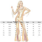 Women's Metallic Sequin Fringe Flare Jumpsuit - One-Shoulder Retro Disco