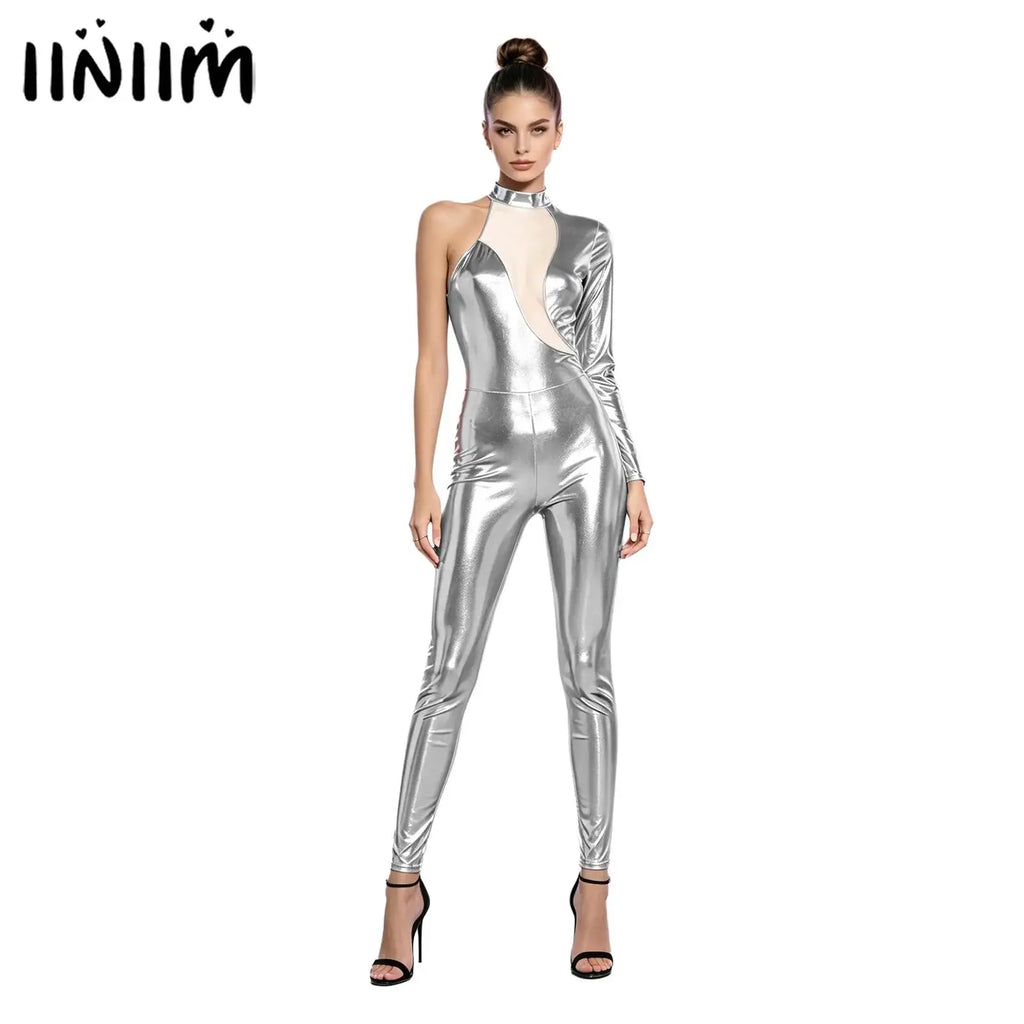 Women's Holographic Mesh Asymmetric Jumpsuit - One-Sleeve Catsuit
