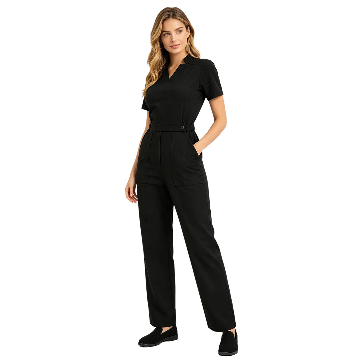 Women's Professional Scrub Jumpsuit - V-Neck Multi-Pocket Uniform