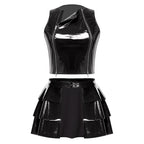 Glossy PU Leather Dance Outfit - Zipper Crop Top & Ruffled Skirt