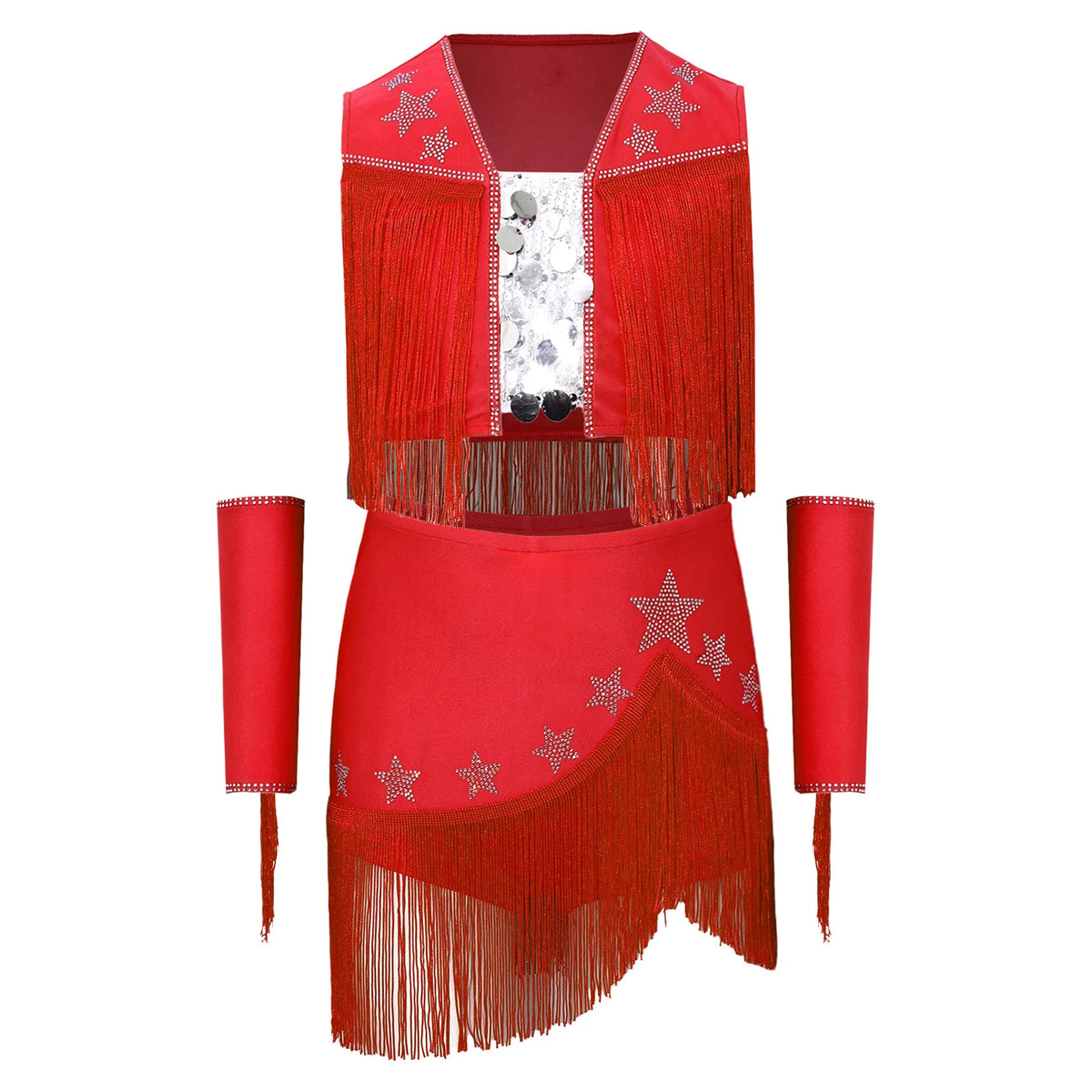 Girls Cowgirl Fringe Dance Costume - Sequined Tops & Skirt Set