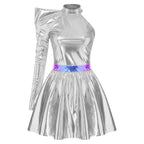 80s Metallic One-Shoulder Mini Skater Dress - Disco Cosplay Costume