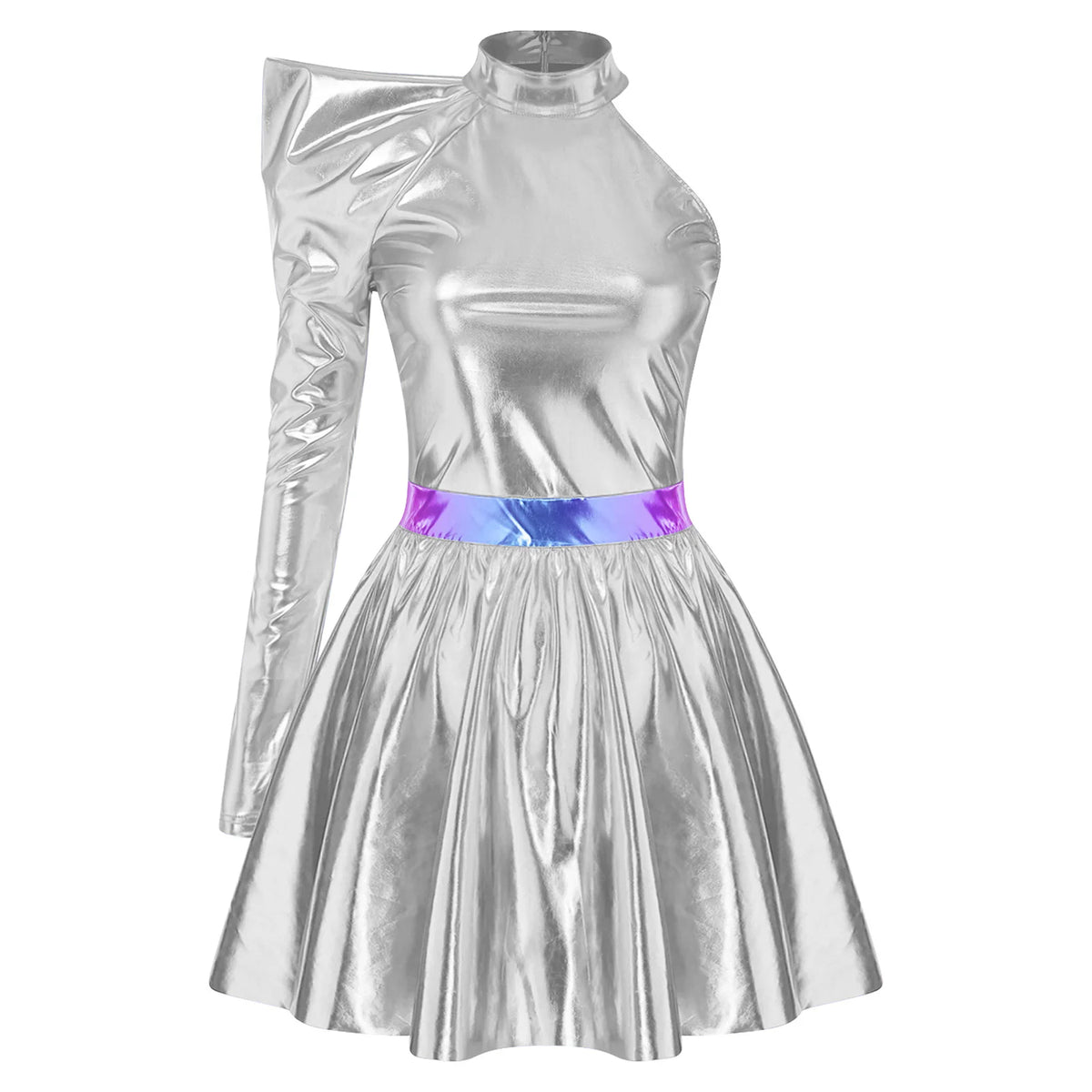 80s Metallic One-Shoulder Mini Skater Dress - Disco Cosplay Costume