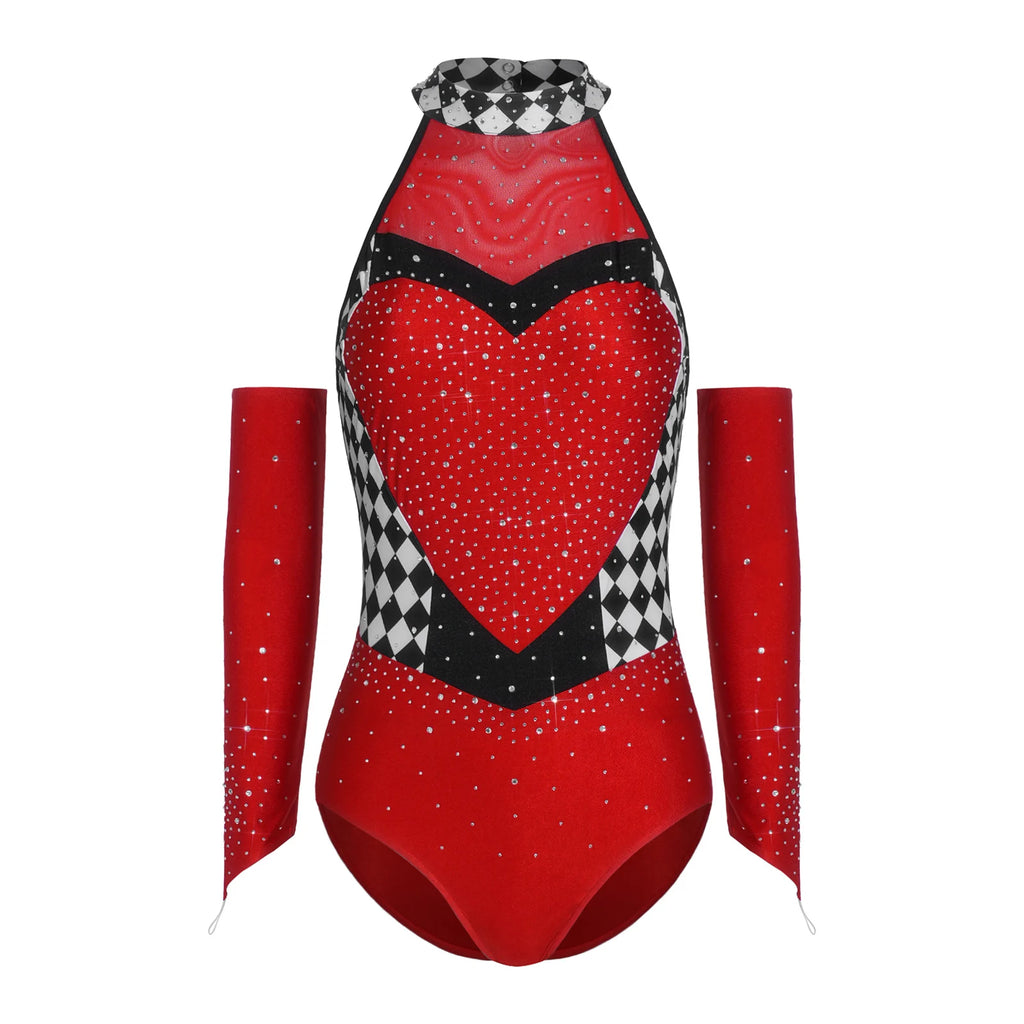 Women's Queen Clown Circus Halter Leotard with Detachable Sleeves