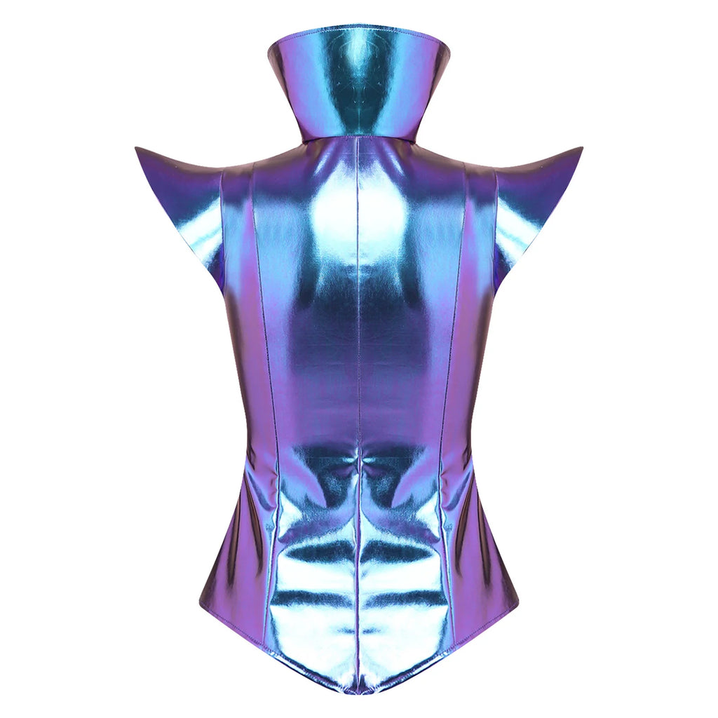 Futuristic Metallic Armor Corset Top - Zip-Front Cutout Bustier