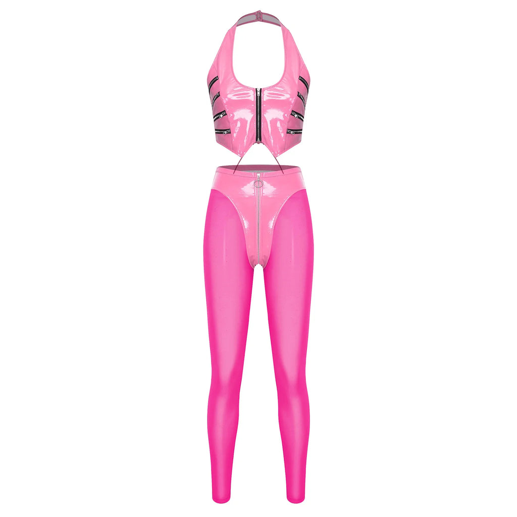 Y2K Glossy PU Leather Pants Set - Lace-Up Top & Sheer Mesh Leggings