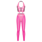 Y2K Glossy PU Leather Pants Set - Lace-Up Top & Sheer Mesh Leggings