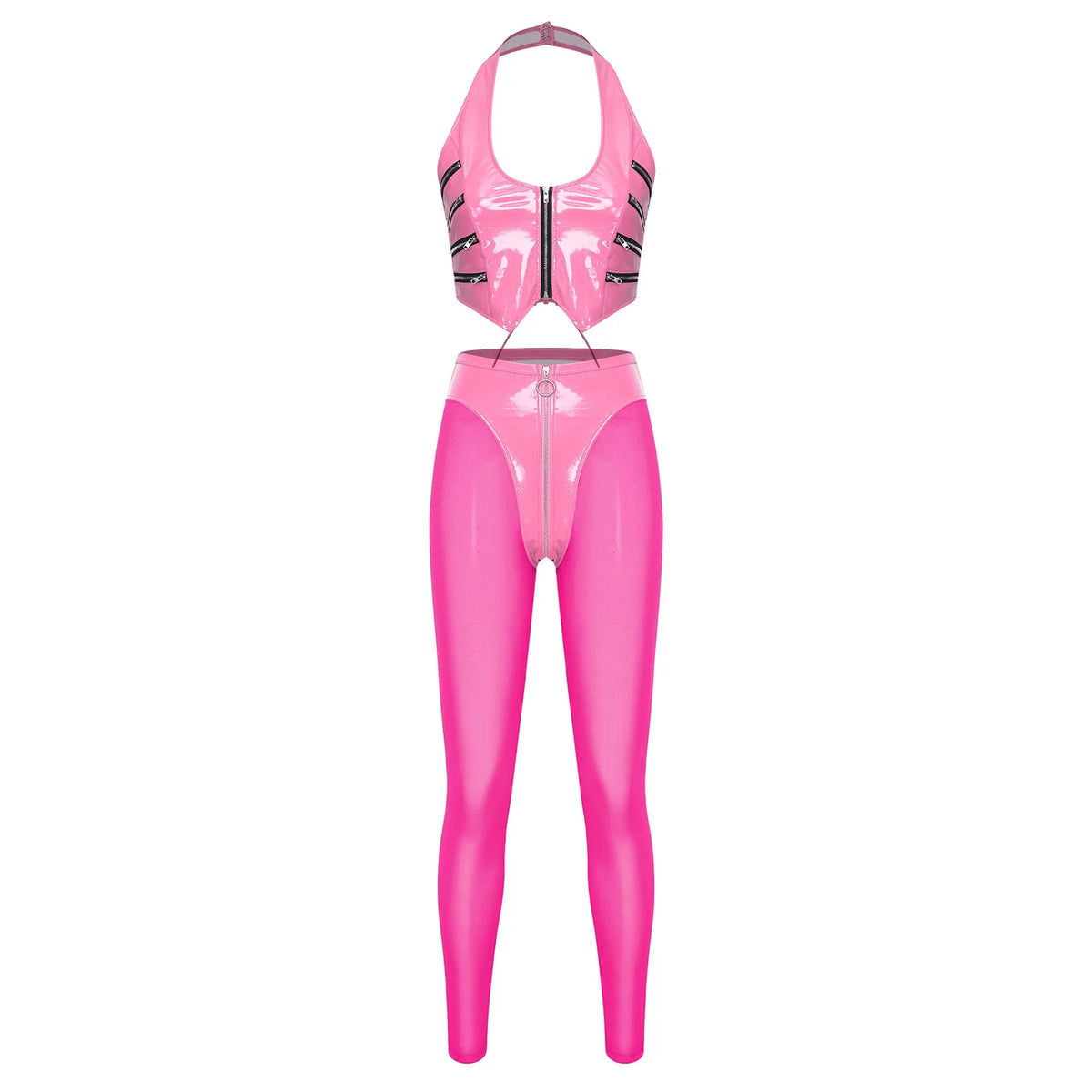 Y2K Glossy PU Leather Pants Set - Lace-Up Top & Sheer Mesh Leggings