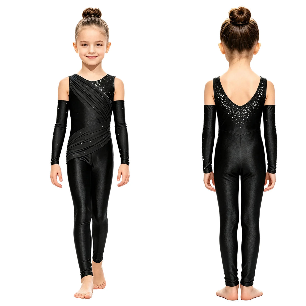 Girls' Sparkle Rhinestone Gymnastics Unitard - Ruched Mesh Jumpsuit