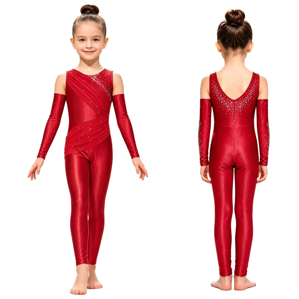 Girls' Sparkle Rhinestone Gymnastics Unitard - Ruched Mesh Jumpsuit
