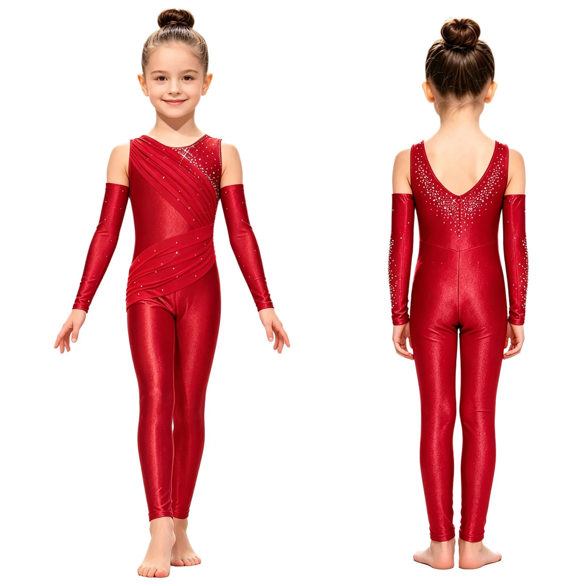 Girls' Sparkle Rhinestone Gymnastics Unitard - Ruched Mesh Jumpsuit