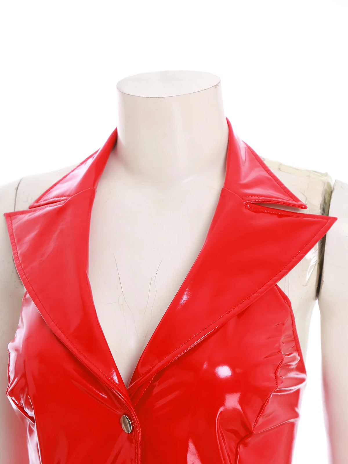 Glossy PU Leather Notched Collar Mini Dress - Deep V Neck Clubwear