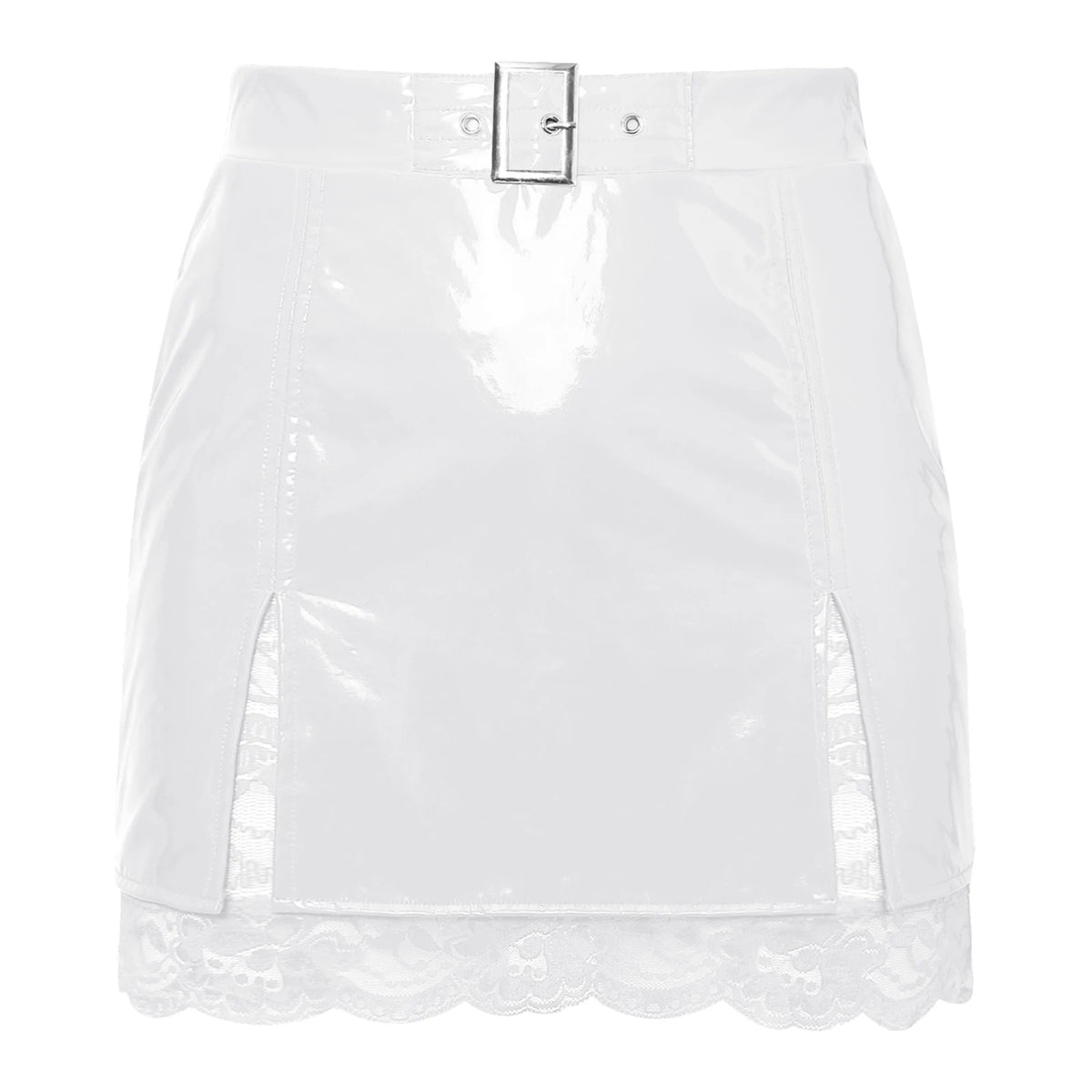 Glossy PU Leather High-Waist Miniskirt - Split Hem Floral Lace Skirt