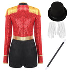 Circus Ringmaster Majorette Costume Set - Sequined Bodysuit with Hat & Wand