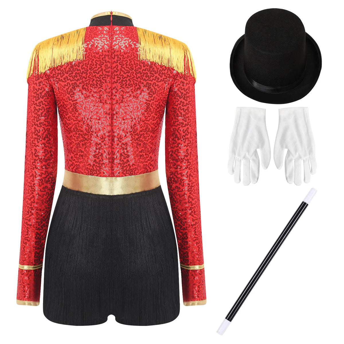 Circus Ringmaster Majorette Costume Set - Sequined Bodysuit with Hat & Wand