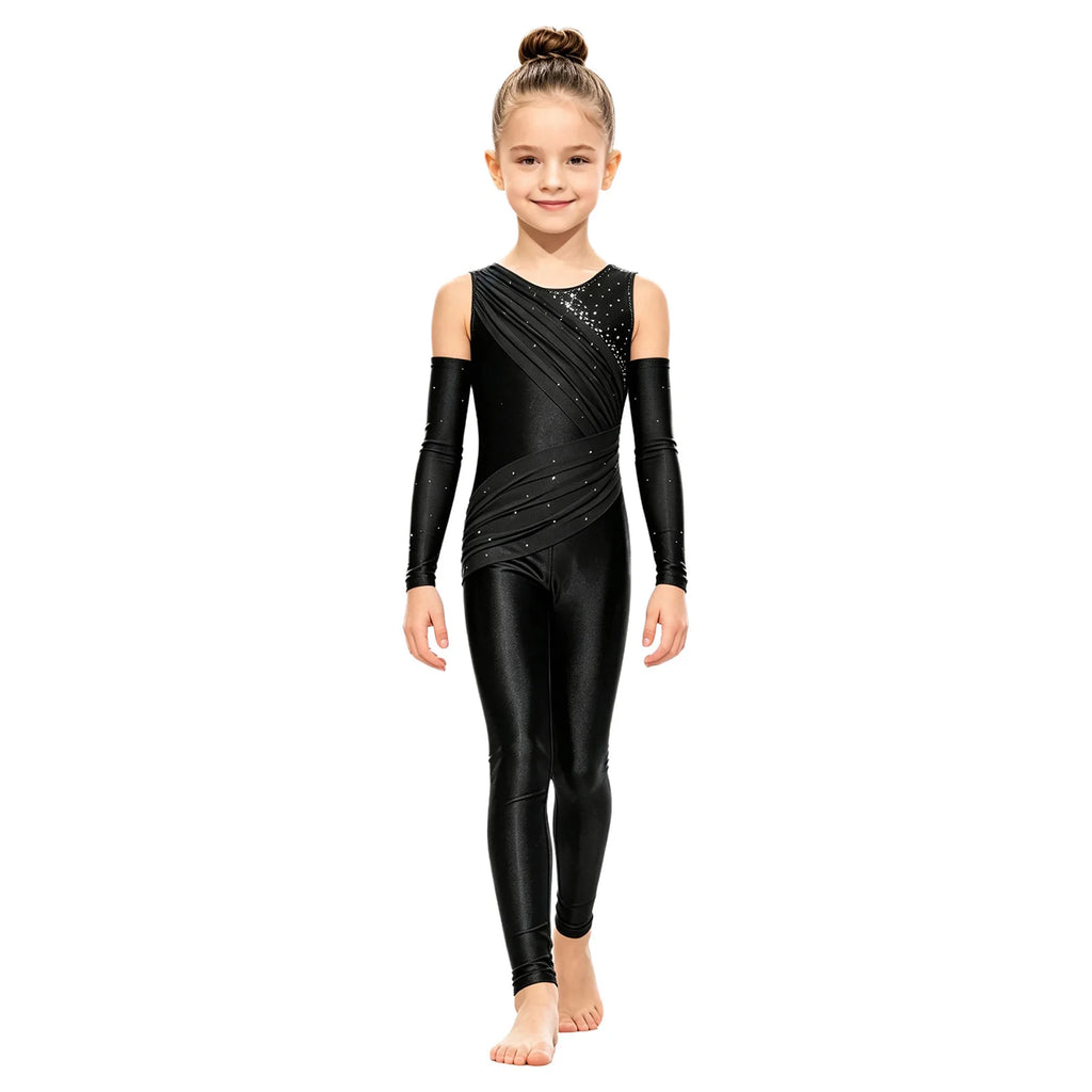 Girls' Sparkle Rhinestone Gymnastics Unitard - Ruched Mesh Jumpsuit