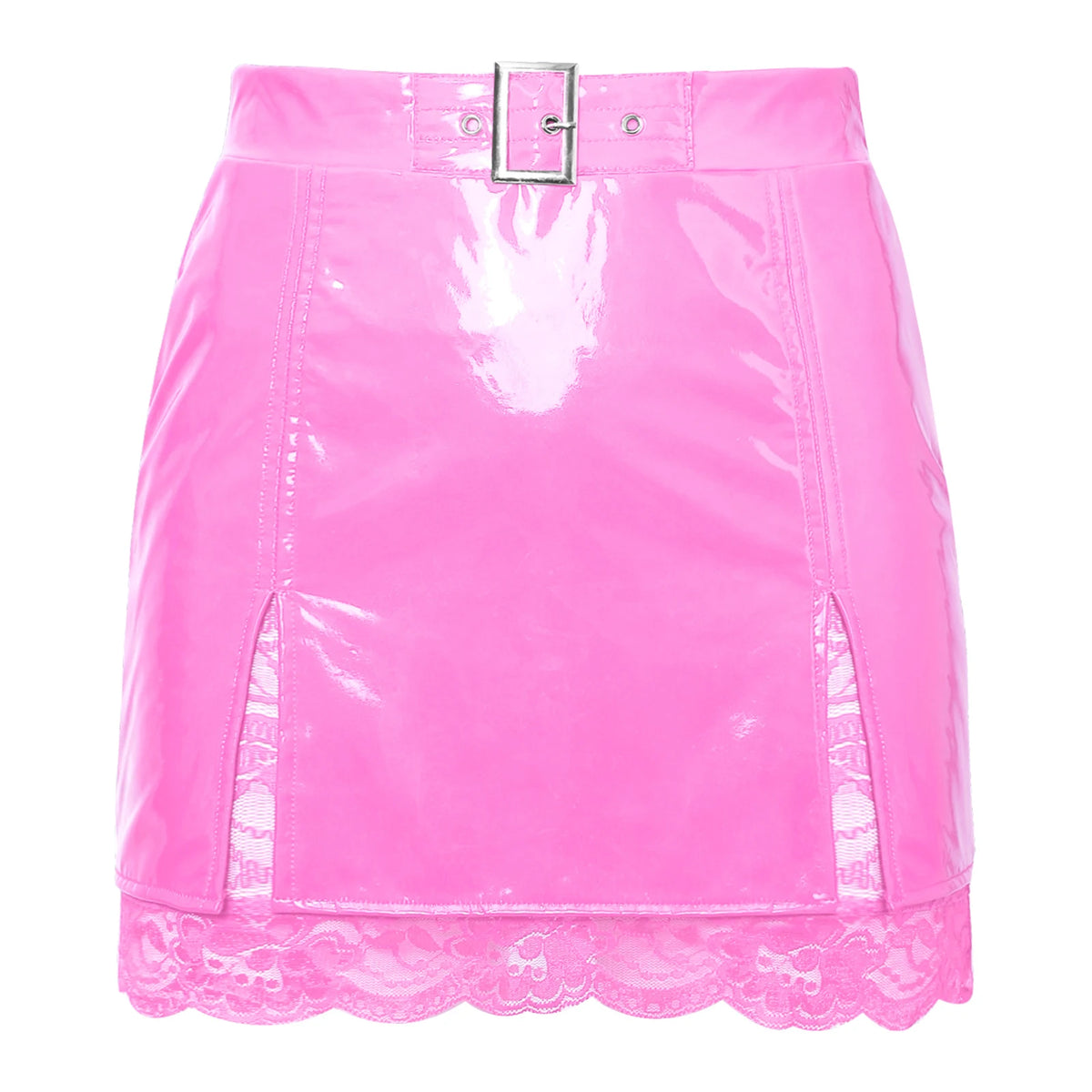 Glossy PU Leather High-Waist Miniskirt - Split Hem Floral Lace Skirt