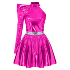 80s Metallic One-Shoulder Mini Skater Dress - Disco Cosplay Costume