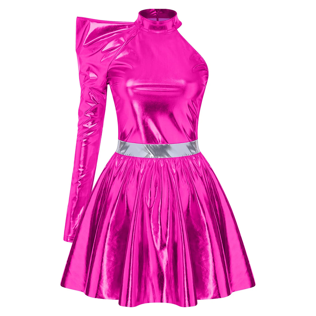 80s Metallic One-Shoulder Mini Skater Dress - Disco Cosplay Costume