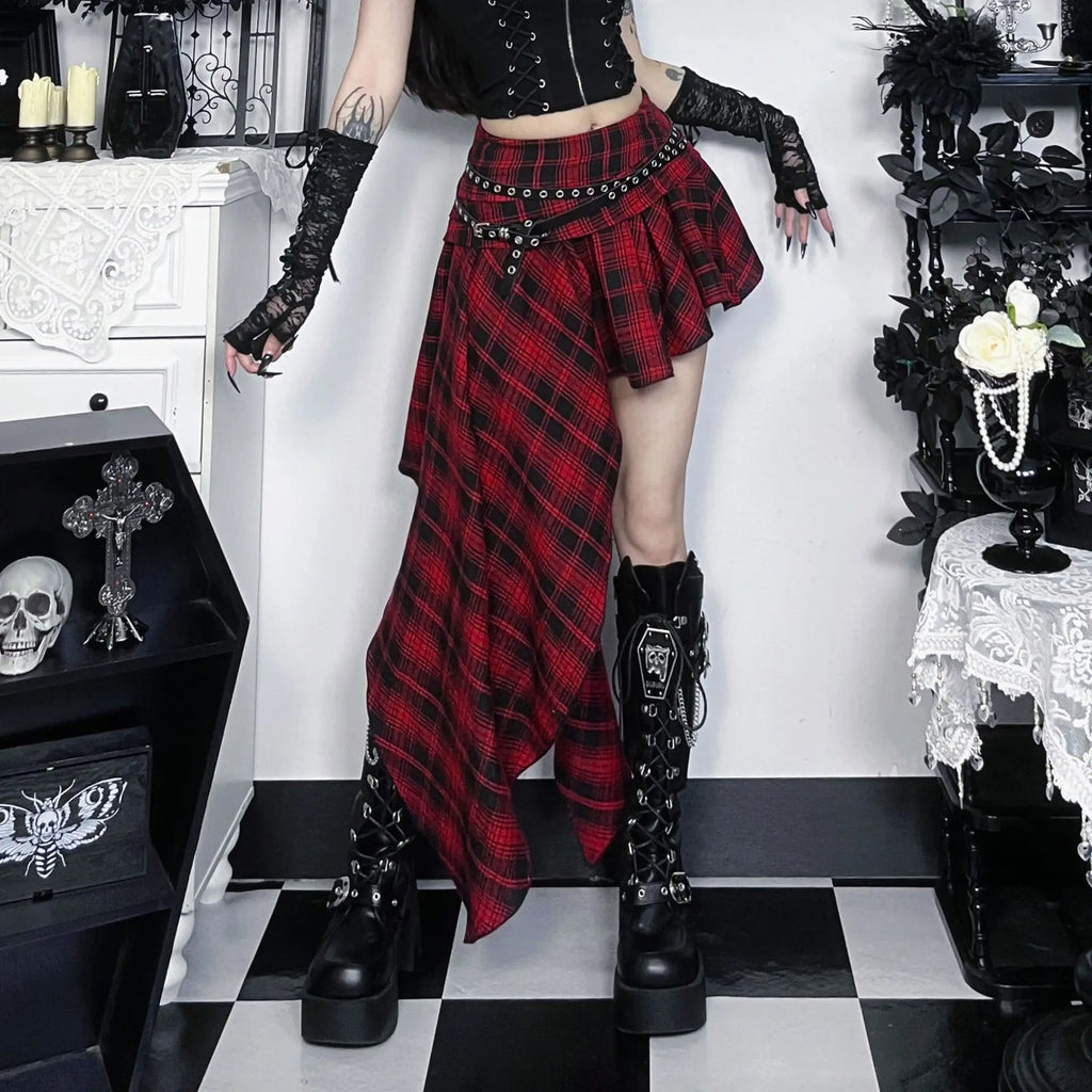 Dark Mall Goth Plaid Asymmetrical Belted Mini Skirt