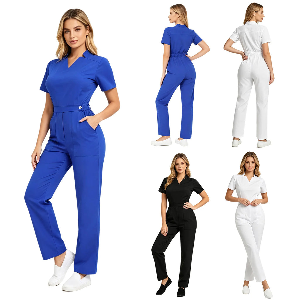 Women's Professional Scrub Jumpsuit - V-Neck Multi-Pocket Uniform