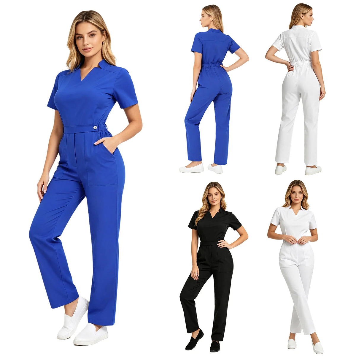 Women's Professional Scrub Jumpsuit - V-Neck Multi-Pocket Uniform