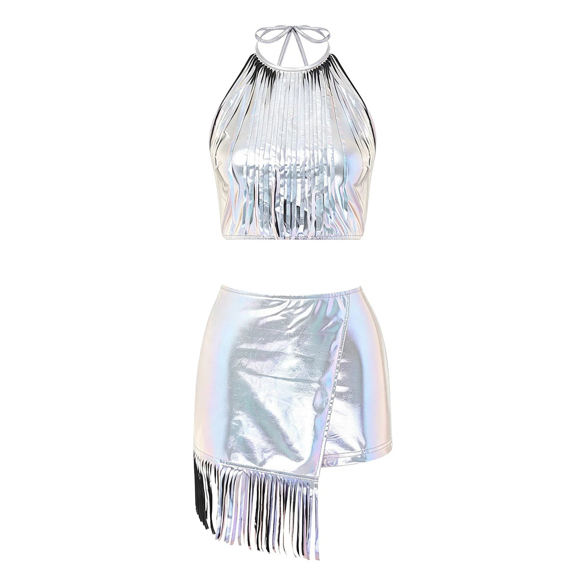Women's Holographic Fringe 2-Piece Rave Outfit - Halter Set