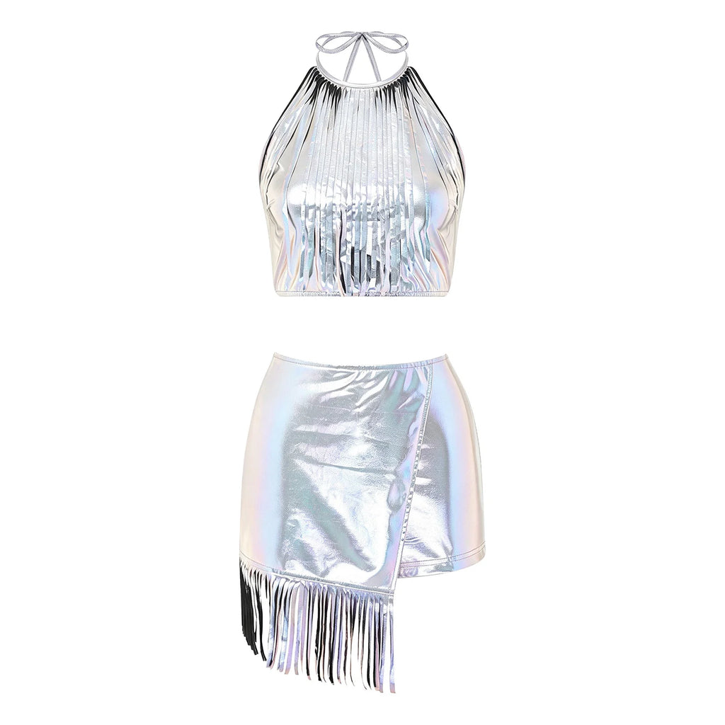 Women's Holographic Fringe 2-Piece Rave Outfit - Halter Set