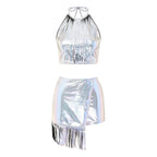 Women's Holographic Fringe 2-Piece Rave Outfit - Halter Set