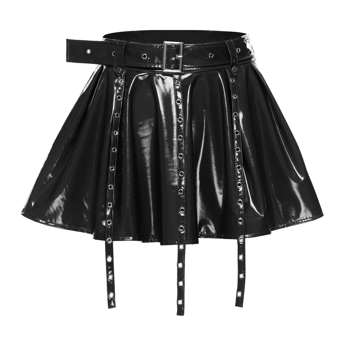Glossy PU Leather Pleated Miniskirt - Eyelet Tassel Gothic Skirt