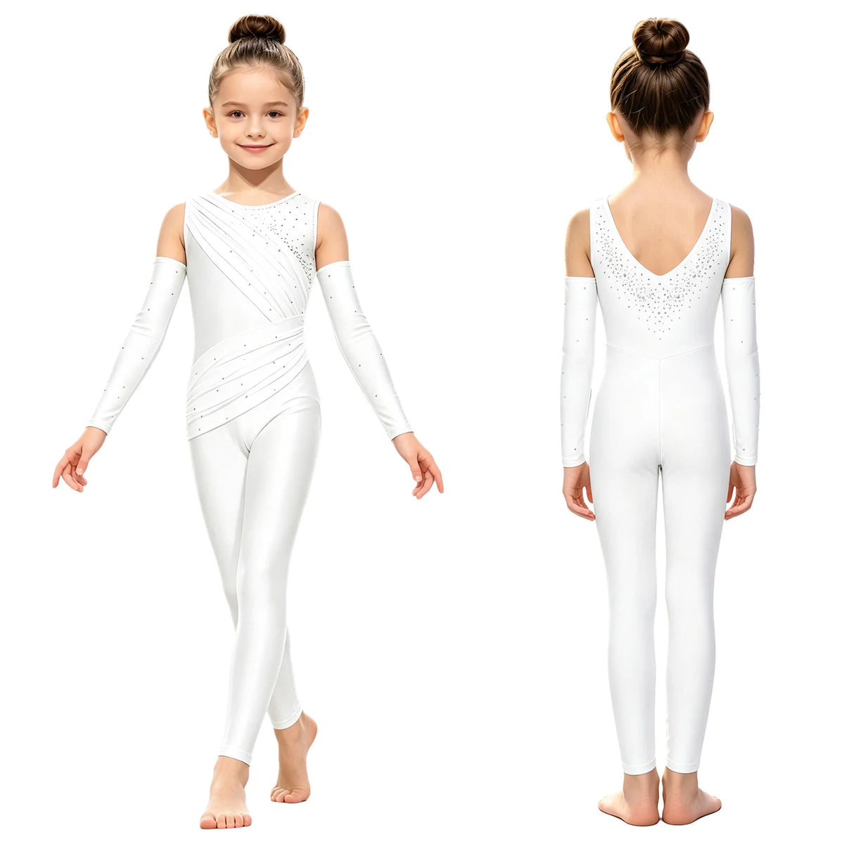 Girls' Sparkle Rhinestone Gymnastics Unitard - Ruched Mesh Jumpsuit