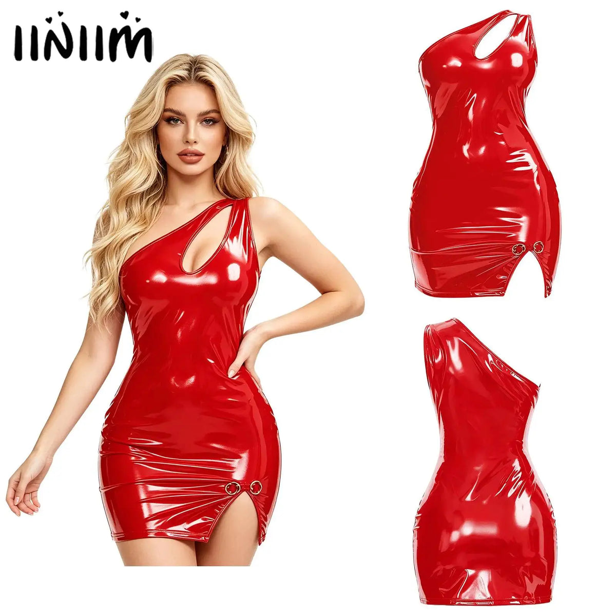 Women's One-Shoulder Cutout Glossy PU Leather Mini Dress | Split Hem Clubwear