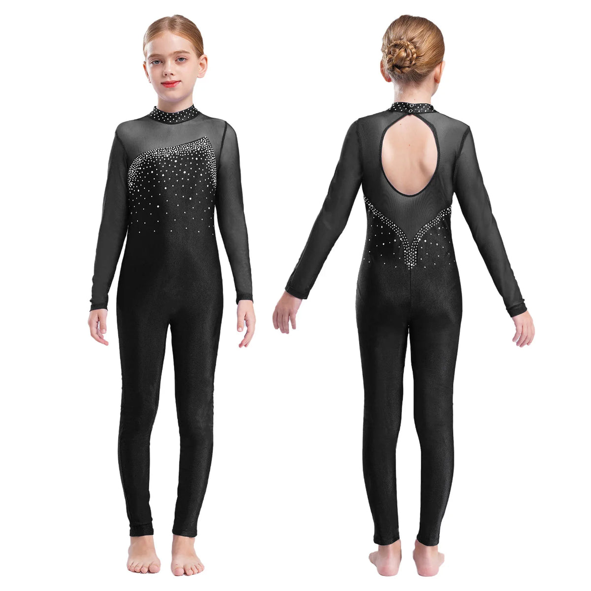 Girls Rhinestone Figure Skating Jumpsuit - Backless Gymnastic Leotard
