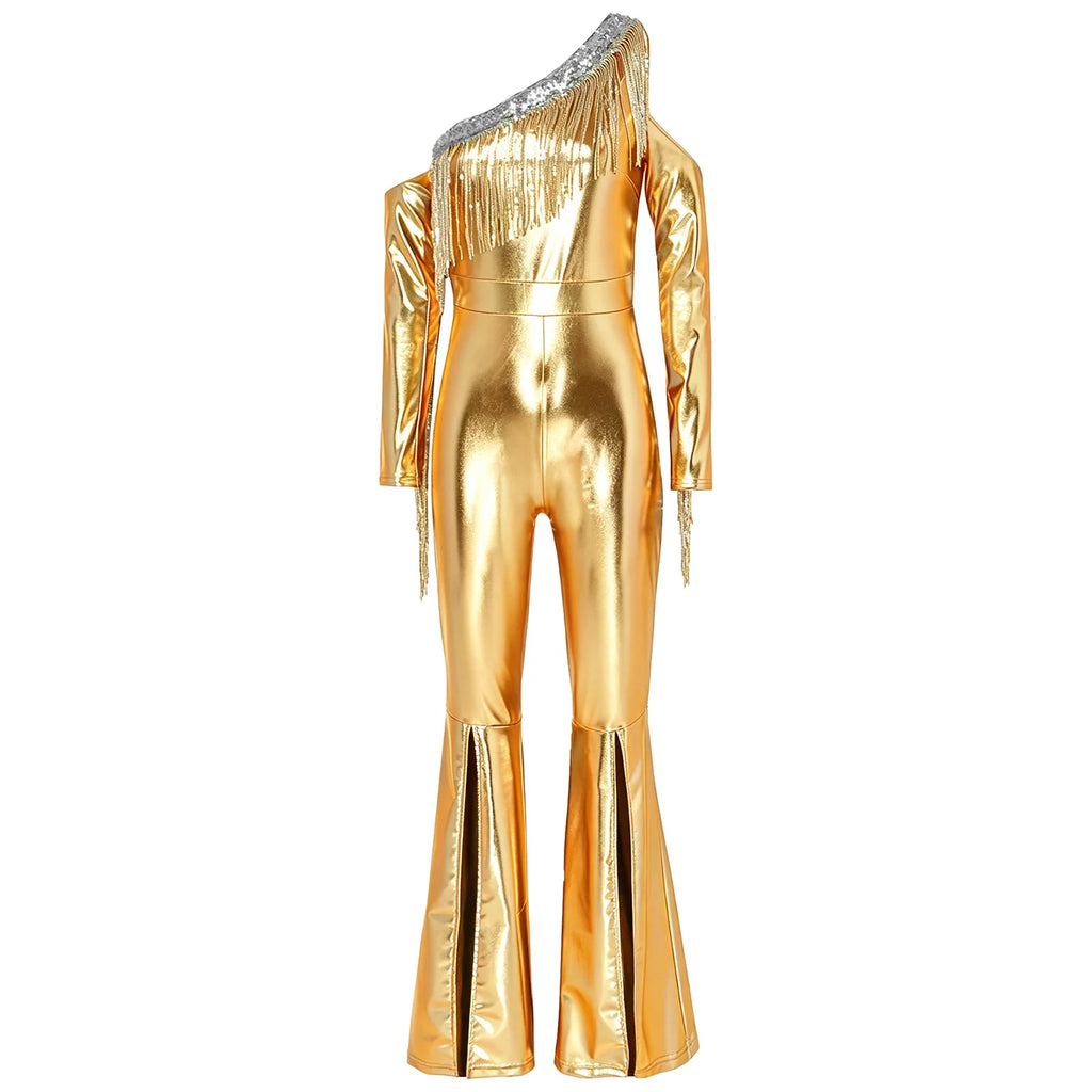 Women's Metallic Sequin Fringe Flare Jumpsuit - One-Shoulder Retro Disco