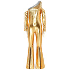 Women's Metallic Sequin Fringe Flare Jumpsuit - One-Shoulder Retro Disco