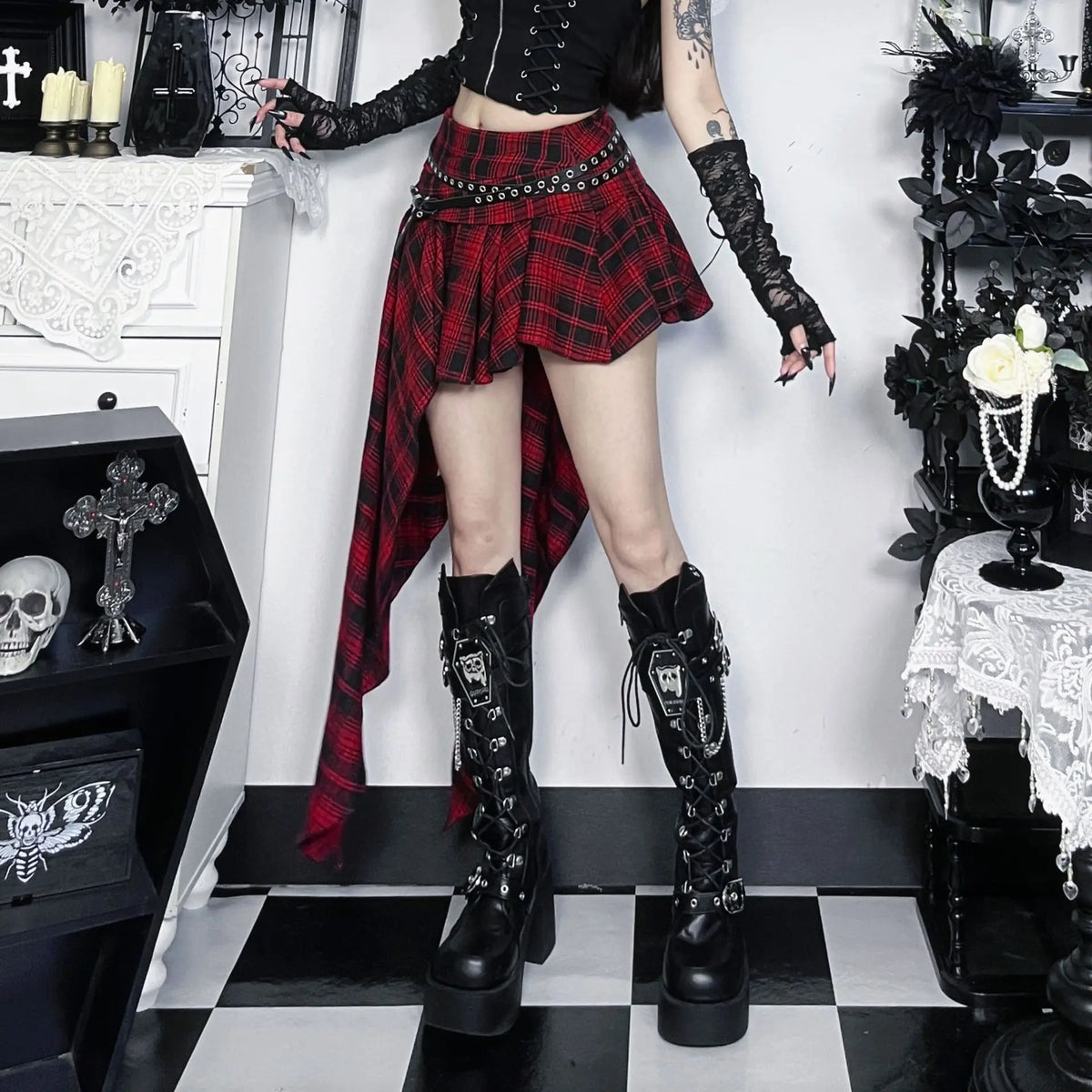 Dark Mall Goth Plaid Asymmetrical Belted Mini Skirt