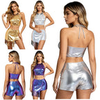 Women's Holographic Fringe 2-Piece Rave Outfit - Halter Set