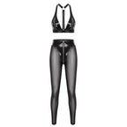 Y2K Glossy PU Leather Pants Set - Lace-Up Top & Sheer Mesh Leggings