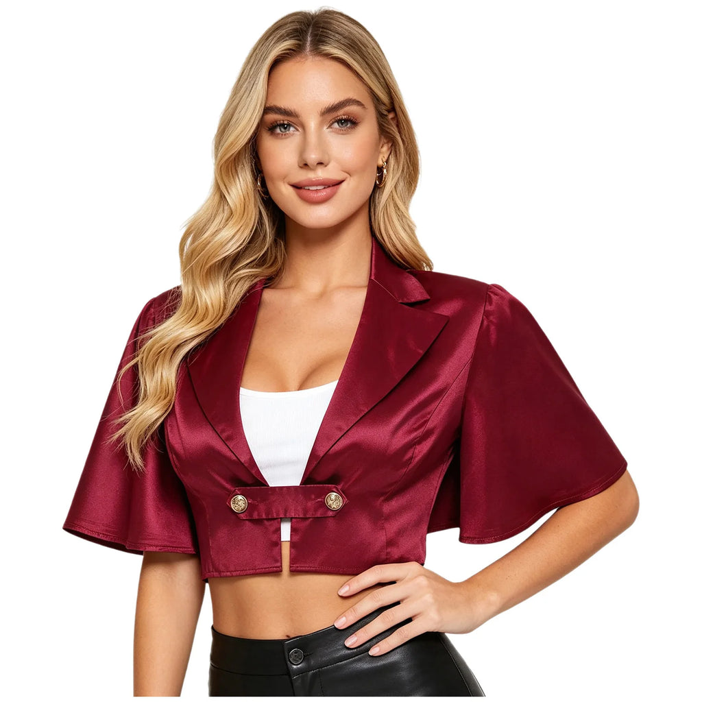 Women's Victorian Satin Cropped Blazer - Flounce Sleeve Rave Coat