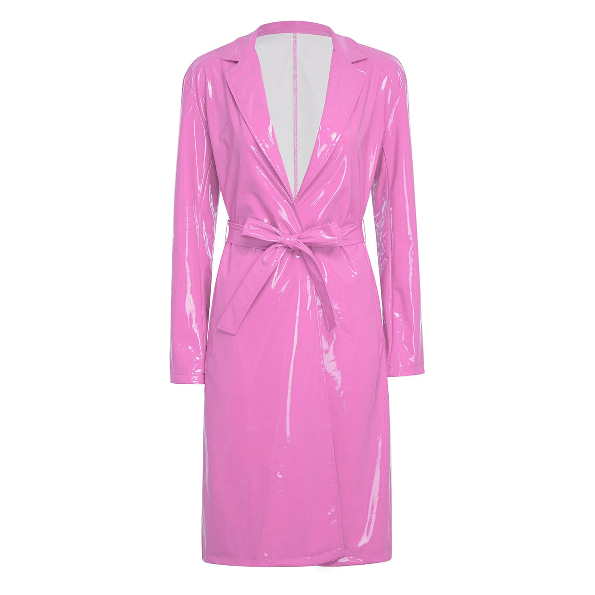 Glossy PU Leather Trench Coat with Belt - Open-Front Overcoat