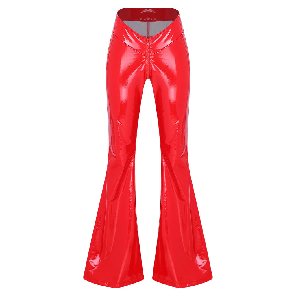 Women's Glossy PU Flare Bell-Bottom Pants - V-Waist Rave Clubwear