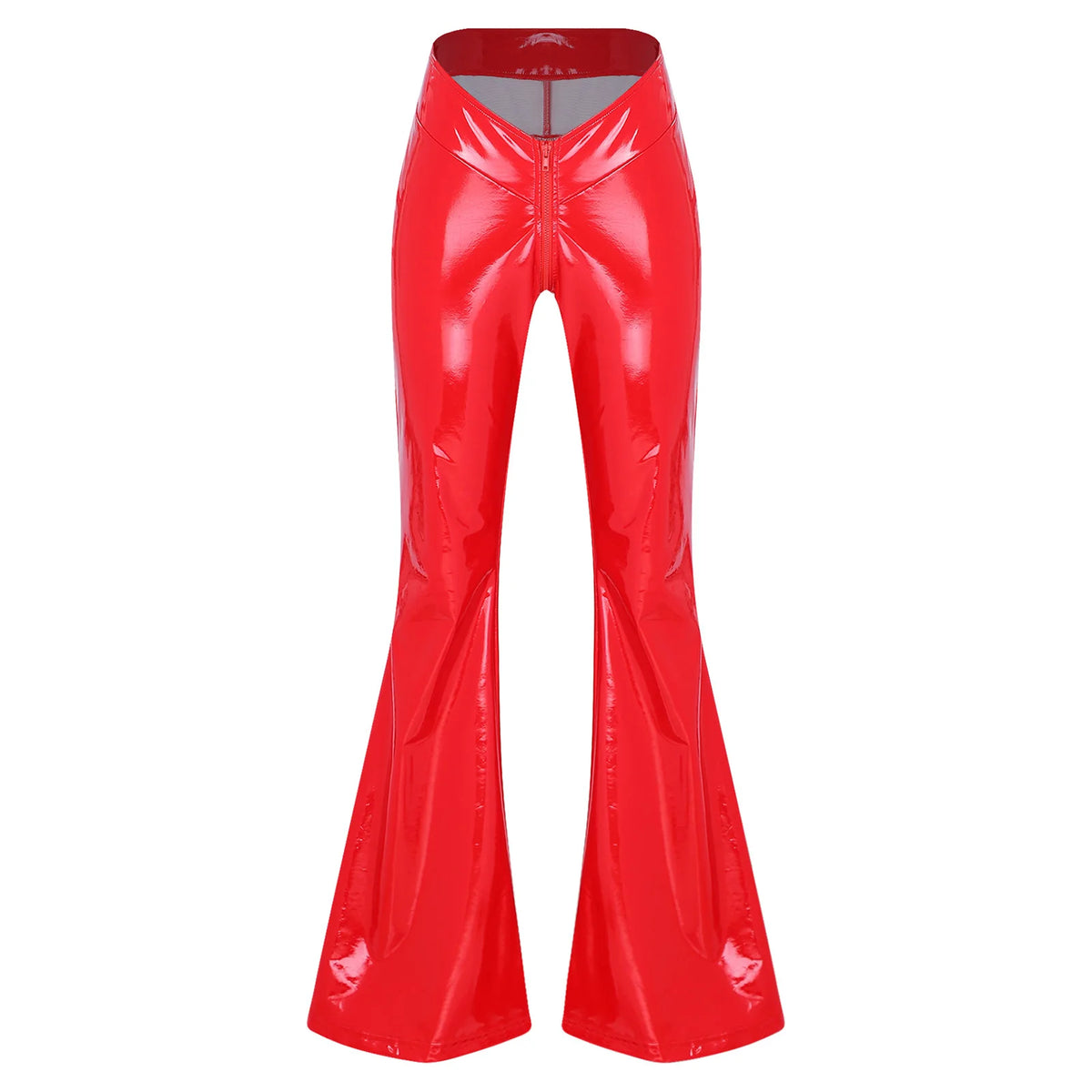 Women's Glossy PU Flare Bell-Bottom Pants - V-Waist Rave Clubwear