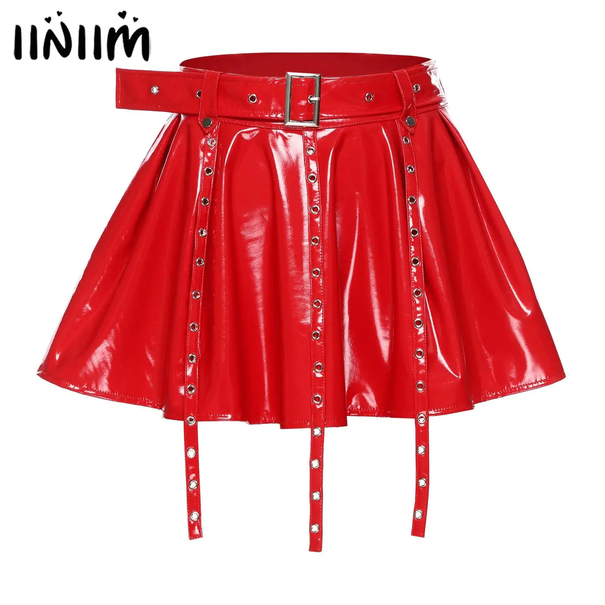 Glossy PU Leather Pleated Miniskirt - Eyelet Tassel Gothic Skirt
