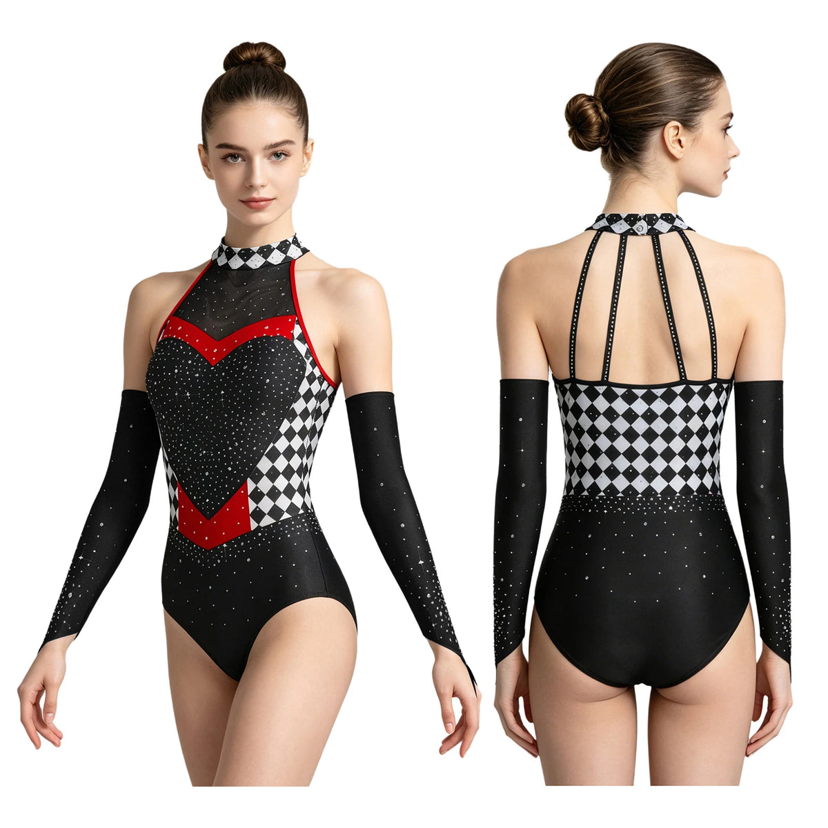Women's Queen Clown Circus Halter Leotard with Detachable Sleeves