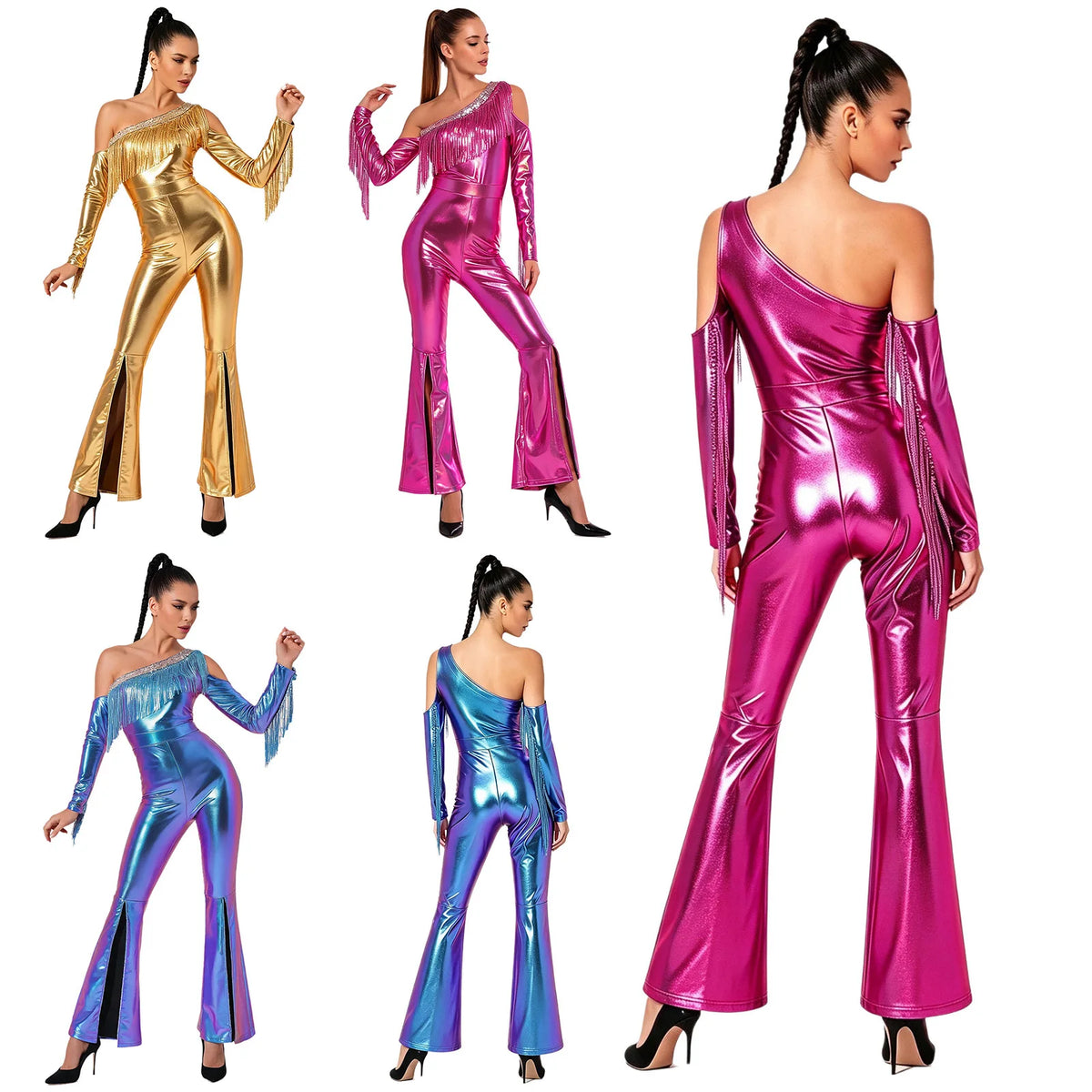 Women's Metallic Sequin Fringe Flare Jumpsuit - One-Shoulder Retro Disco