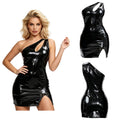 Women's One-Shoulder Cutout Glossy PU Leather Mini Dress | Split Hem Clubwear