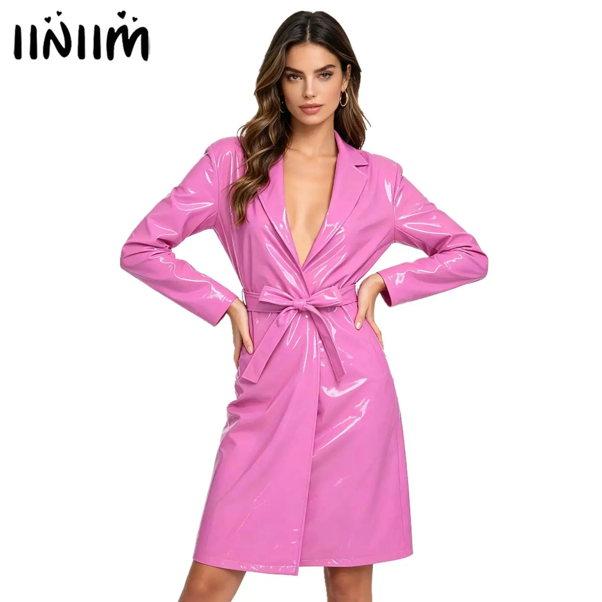 Glossy PU Leather Trench Coat with Belt - Open-Front Overcoat