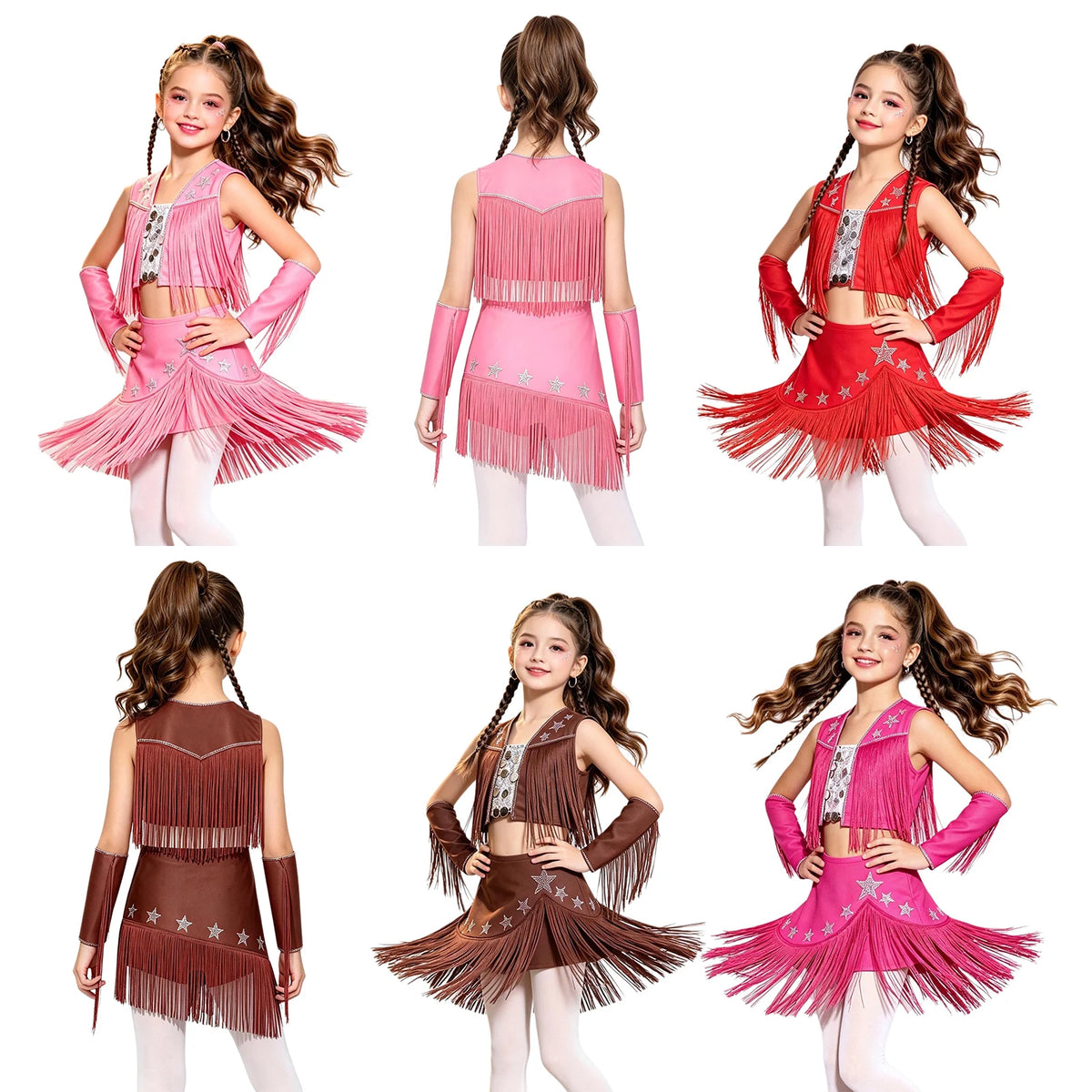 Girls Cowgirl Fringe Dance Costume - Sequined Tops & Skirt Set