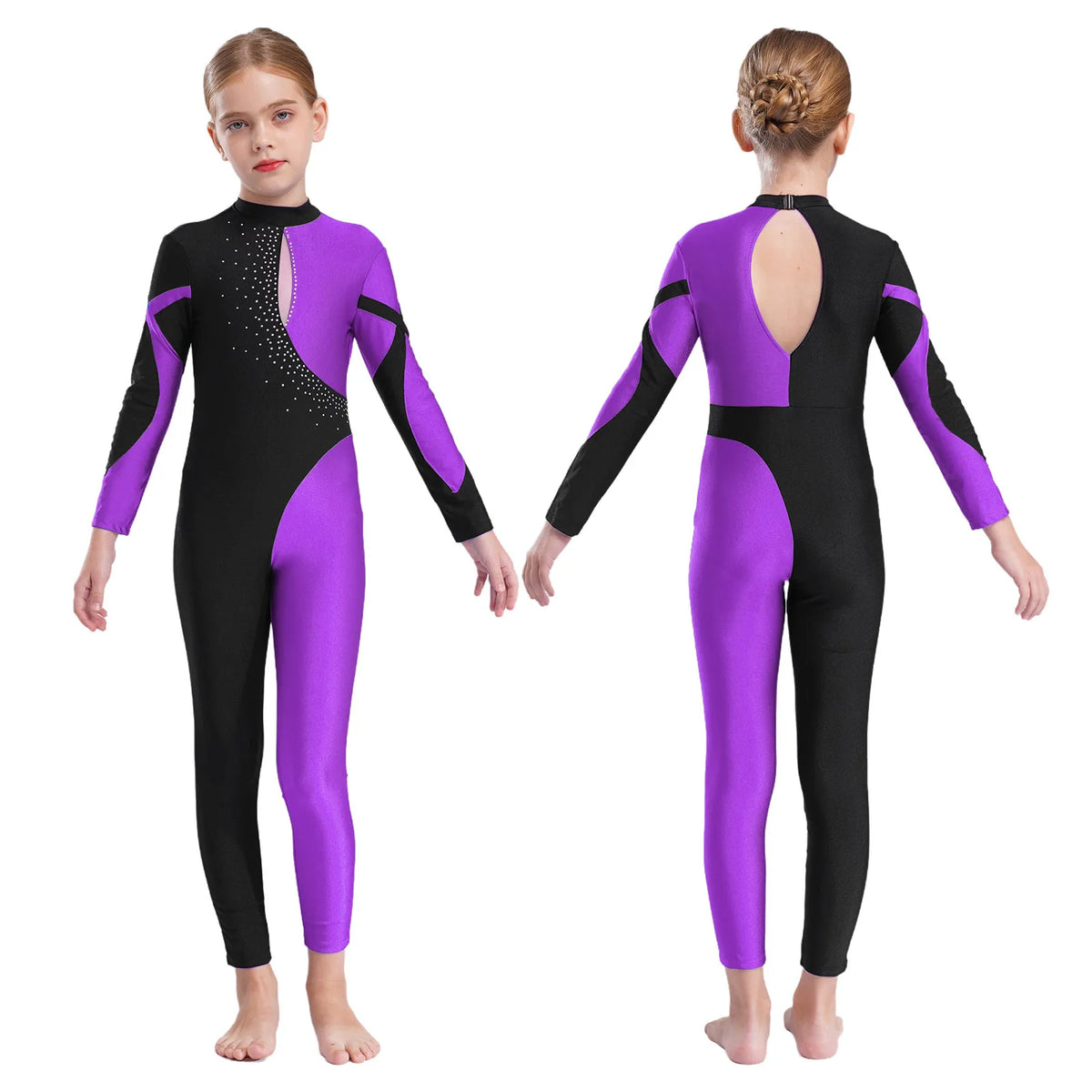 Girls Rhinestone Figure Skating Jumpsuit - Backless Gymnastic Leotard
