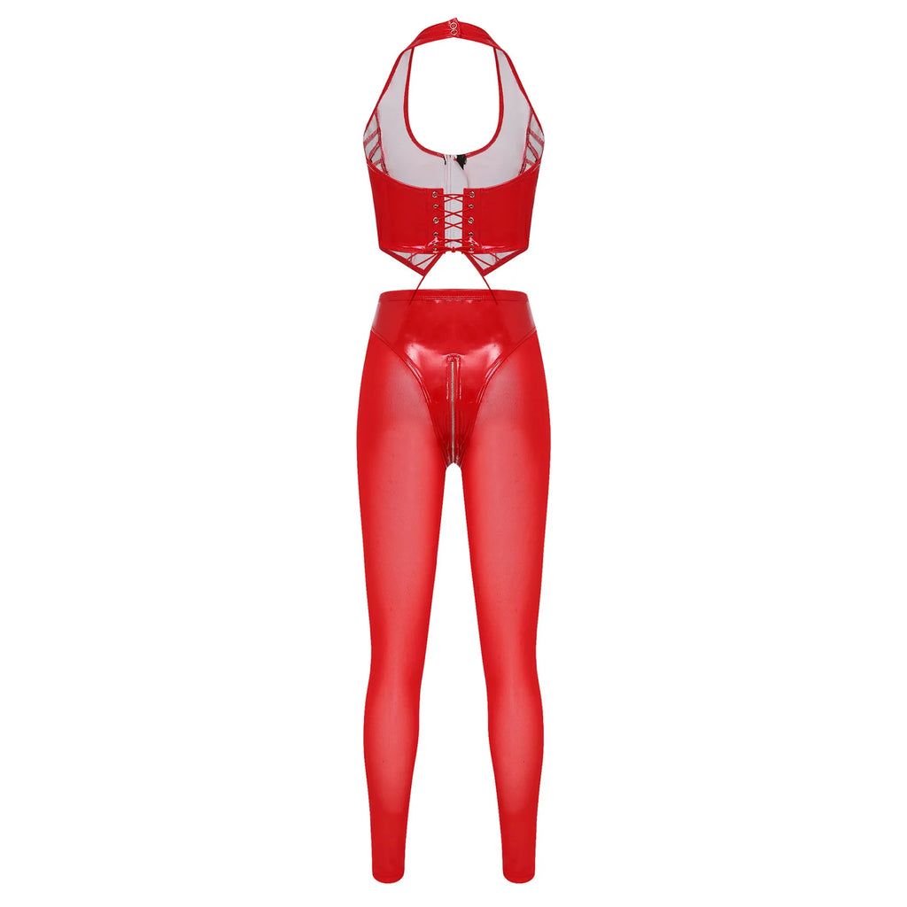 Y2K Glossy PU Leather Pants Set - Lace-Up Top & Sheer Mesh Leggings
